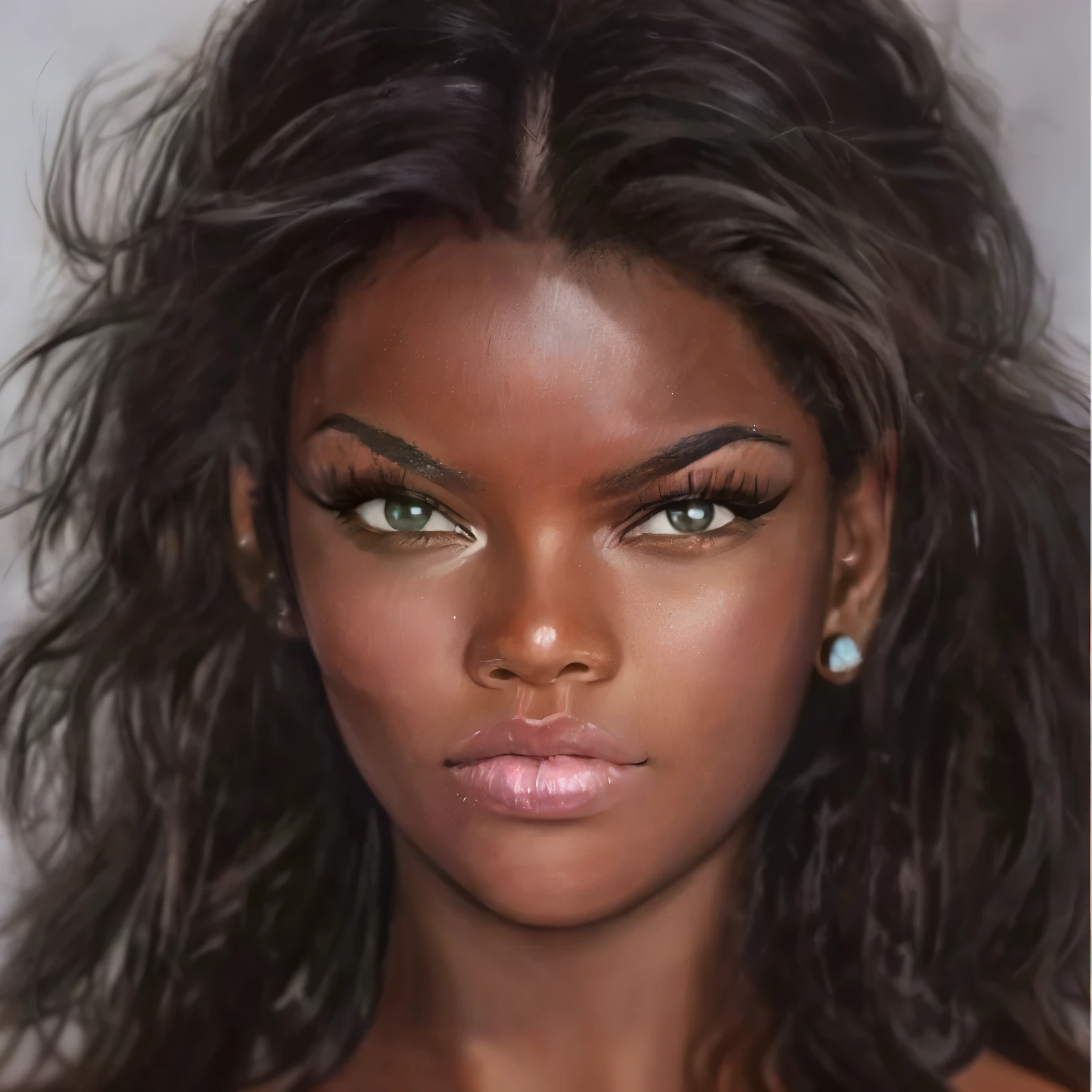 a close up of a woman with a very long hair, hyper realistic digital painting, hyperrealistic beautiful face, ultra realistic digital painting, extremely realistic faces, beautiful realistic face, hyperrealistic digital painting, beautiful and realistic faces, dark skin tone, dark skin, photorealistic digital painting, dark black skin tone, dark brown skin, beautiful and realistic face, with brown skin