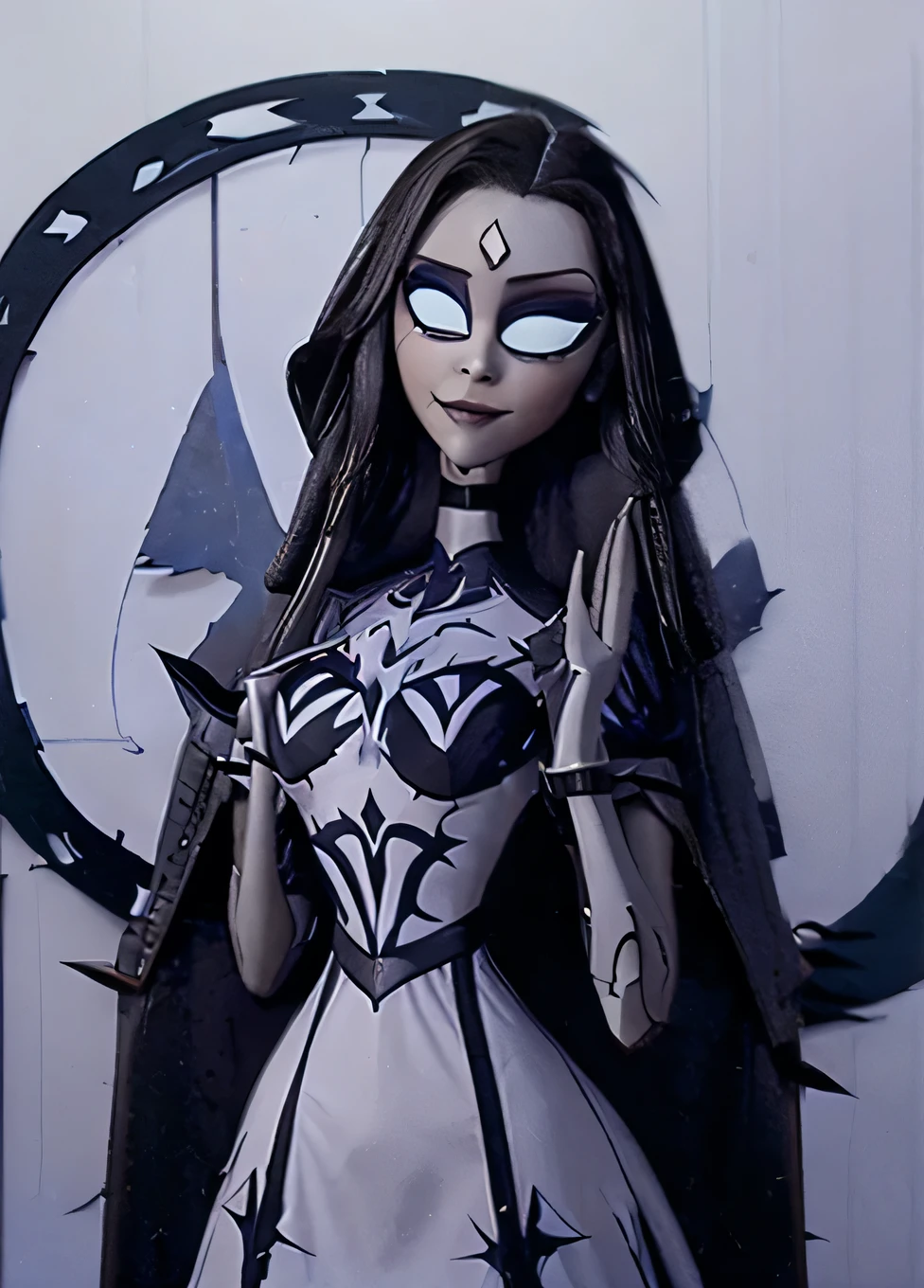 a close up of a woman in a black dress holding a knife, the'other mother'from'coraline ', dark witch character, dark sorceress full view, corpse bride art style, female disney villain, dark sorceress fullbody pose, morgana, the queen of blades, morticia addams, abigail larson, scary queen of death