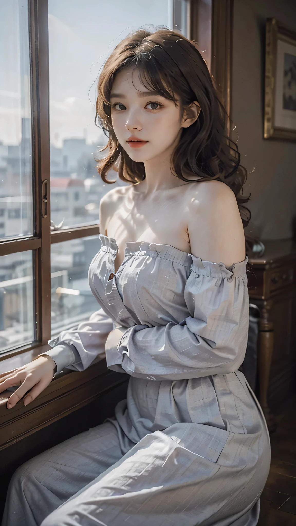 Best Quality, Masterpiece, Ultra High Resolution, (Realistic:1.4), Original Photo, 1 32 years old woman babe, goddess, off-the-shoulder, pajamas lace shorts, cinematic lighting, sexy, seductive, tong, sheer