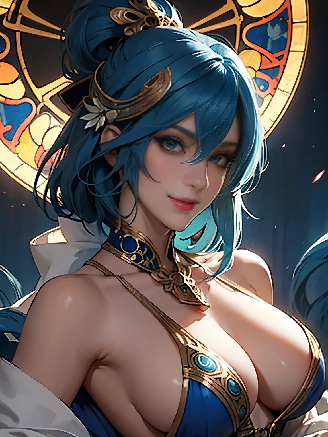 ((Mucha's style)),(vulgar),Big-breasted Woman Warrior,head shot,vulgar smile,blue haired,muscular woman,Mercenary haircut,Sexual nipple covers