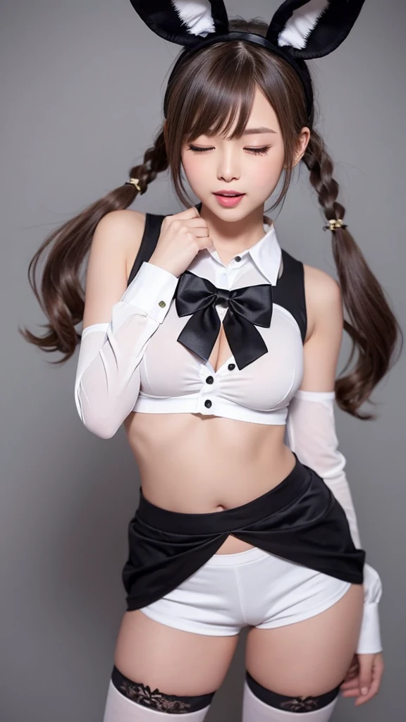 1girl, solo, long hair, breasts, looking at viewer, open mouth, bangs, large breasts, simple background, shirt, hair ornament, red eyes, thighhighs, long sleeves, white background, bow, ribbon, navel, animal ears, bare shoulders, twintails, underwear, tail, white shirt, grey hair, thighs, cowboy shot, detached sleeves, one eye closed, shorts, hairclip, fang, midriff, bowtie, stomach, rabbit ears, white thighhighs, crop top, short shorts, sleeveless shirt, black bow, skindentation, buttons, fake animal ears, highleg, rabbit tail, white shorts, black bowtie, underbust