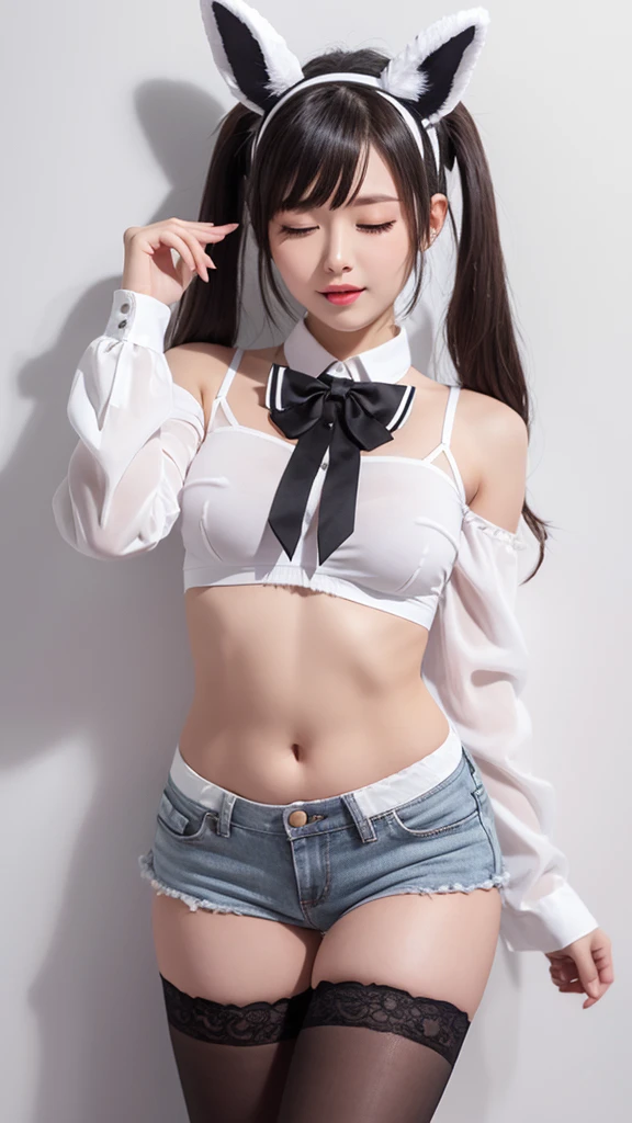 1girl, solo, long hair, breasts, looking at viewer, open mouth, bangs, large breasts, simple background, shirt, hair ornament, red eyes, thighhighs, long sleeves, white background, bow, ribbon, navel, animal ears, bare shoulders, twintails, underwear, tail, white shirt, grey hair, thighs, cowboy shot, detached sleeves, one eye closed, shorts, hairclip, fang, midriff, bowtie, stomach, rabbit ears, white thighhighs, crop top, short shorts, sleeveless shirt, black bow, skindentation, buttons, fake animal ears, highleg, rabbit tail, white shorts, black bowtie, underbust
