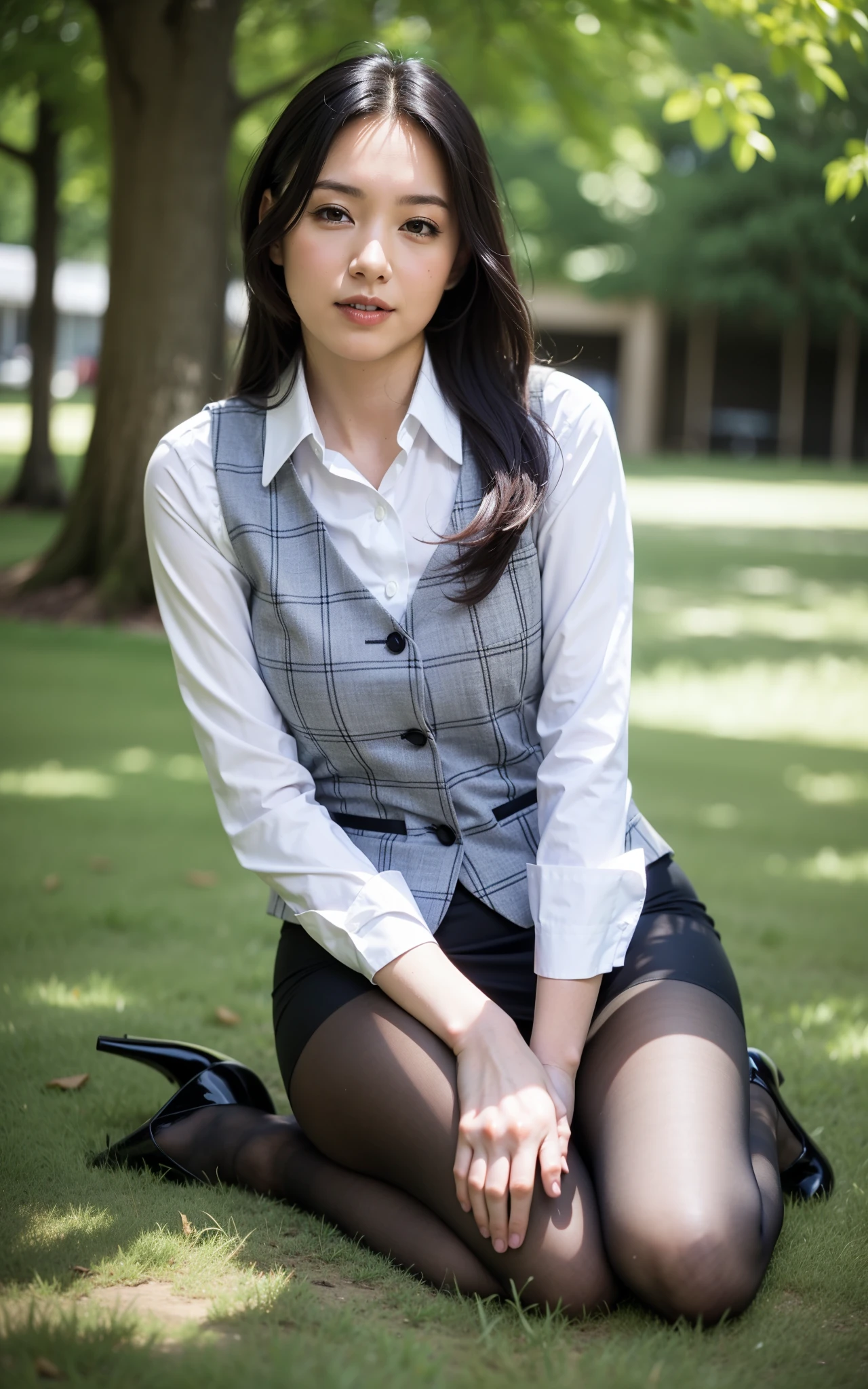 Ulchan-6500-v1.1, (RAW photo:1.2), (Photoreal), (genuine:1.4), 1milf, perfect anatomy, 48 years old, plump body:0.5, look at the viewer, medium long hair, Plaid vest, ((sit on the grass and open legs:1.0))、(super realistic pantyhose:1.2), (high heels), (business services)、under shade of tree