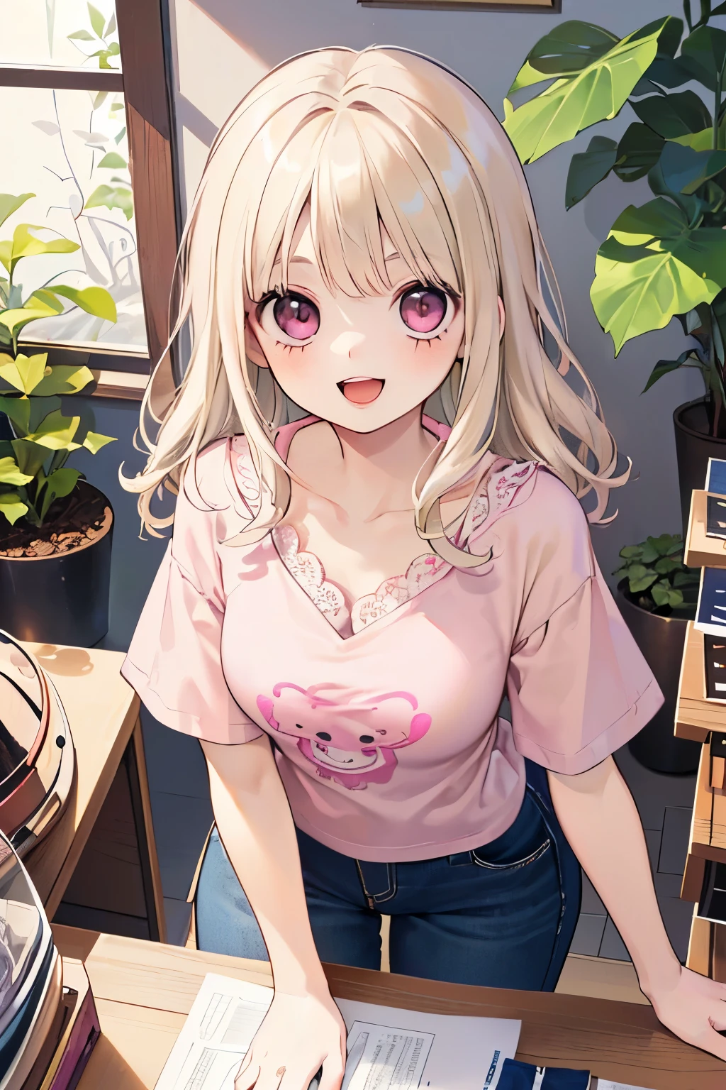 (beautiful young boy:1.3),(Small breasts 1.0),((Lightbeige hair:1.2)),(Medium wave hair:1.1),(pink eyes:1.2),(PRİNCESS:1.1),(short sleeve lace blouse:1.2),(Clothes with botanical patterns:1.25),(A big smile with an open mouth:1.35),(apparel shop,cloth shop:1.25),(Top view:1.1),(Close-up of face:1.0),(Trying on:1.0).