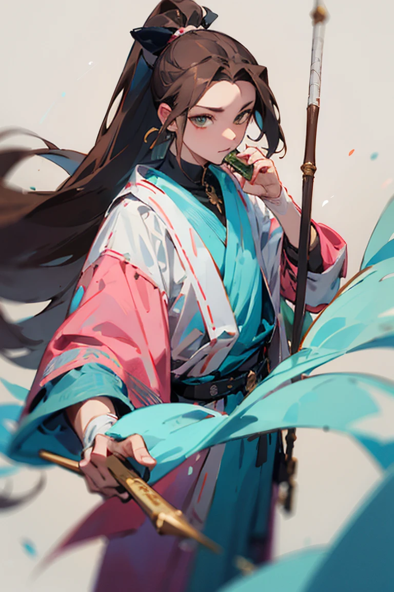 ((melhor qualidade)), ((obra de arte)), (detalhado), Male, brown hair, pink eyes, Cyan clothes, holding white Nature staff, long hair, ponytail