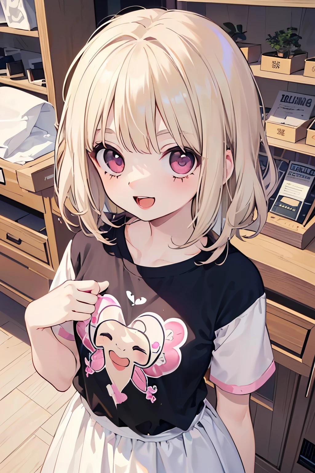 (beautiful young boy:1.3),(Small breasts 1.0),((Lightbeige hair:1.2)),(Medium wave hair:1.1),(pink eyes:1.2),(PRİNCESS:1.1),(short sleeve lace blouse:1.2),(Clothes with botanical patterns:1.25),(A big smile with an open mouth:1.35),(apparel shop,cloth shop:1.25),(Top view:1.1),(Close-up of face:1.0),(Trying on:1.0).