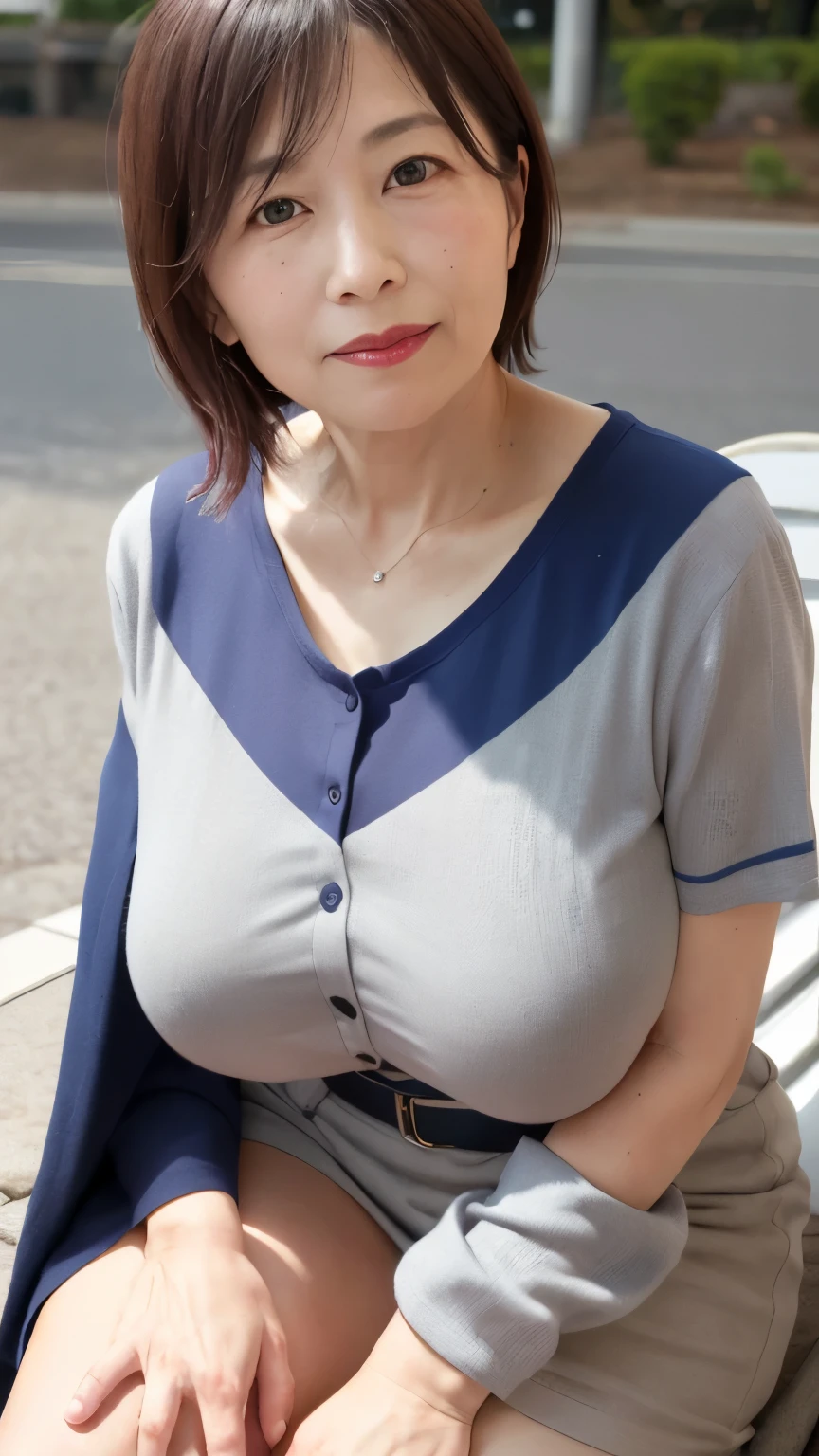 sitting on a park bench, Wrinkles around the eyes, Smiling with teeth showing, Plain short-sleeved clothing, senior citizen, Draw lips correctly, Red lipstick, No discomfort, 16K, Highest quality, Very detailed, Realistic, Very detailed肌, Japanese, alone, 60 years old, Large Breasts, , Glamour, sexy, , Staring straight ahead,