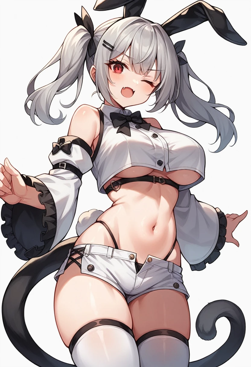 absurdres, highres,  animal ears, black hair, red eyes,  blush, medium breasts extra ears, lace-trimmed panties, lace trim,  long hair, mouse ears, mouse girl,  mouse tail,  multicolored hair, navel, no pants,  parted lips,  pubic hair peek, through clothes,  underwear,  white hair, viewer from behind, focus on ass