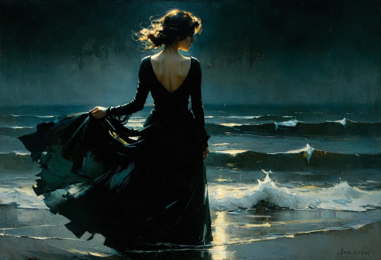 of the sea. Masterpiece. Best quality. Beautiful cinematic impressionistic painting, Dark dramatic character, in the style of Jeremy Mann and Charles Dana Gibson, Mark Demsteader, Paul Hedley