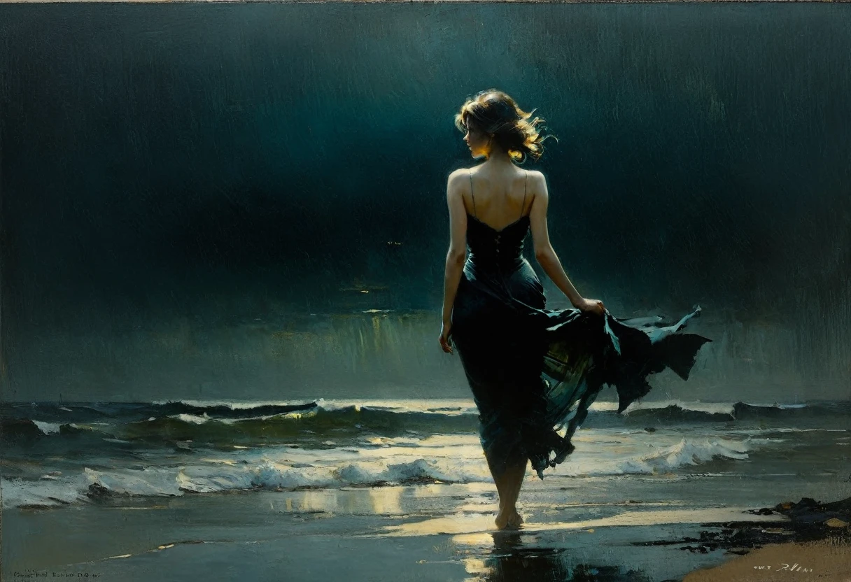 of the sea. Masterpiece. Best quality. Beautiful cinematic impressionistic painting, Dark dramatic character, in the style of Jeremy Mann and Charles Dana Gibson, Mark Demsteader, Paul Hedley