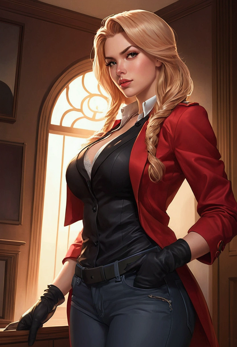 a close up of a woman in a red jacket and black pants, style artgerm, extremely detailed artgerm, in the style artgerm, artgerm style, style ivan talavera and artgerm, style of artgerm, alena aenami and artgerm, artgerm. high detail, graphic artist artgerm, tight jeans, beautiful face, blush cheeks, bulging cameltoe