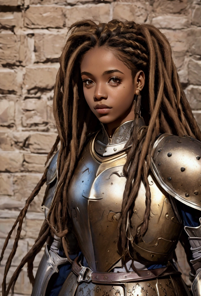 18 year old brown female、Beauty、Blonde、Blonde、Warrior in armor、Completely naked、Dreadlocks、background　Medieval port town、High quality p、Upper Body