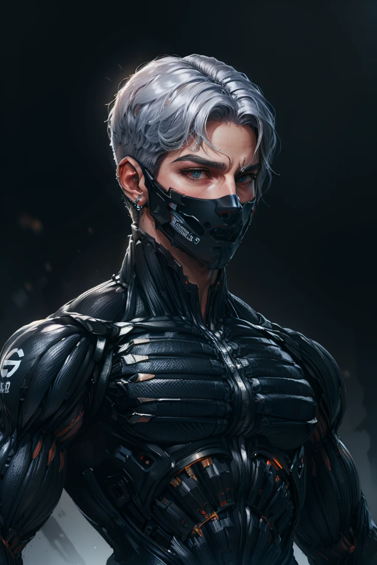 {Best Quality, 8k, Masterpiece}, (Realistic), [[Male]], [[White Hair]], ((Middle Part Haircut)), (Earrings), (Mask)