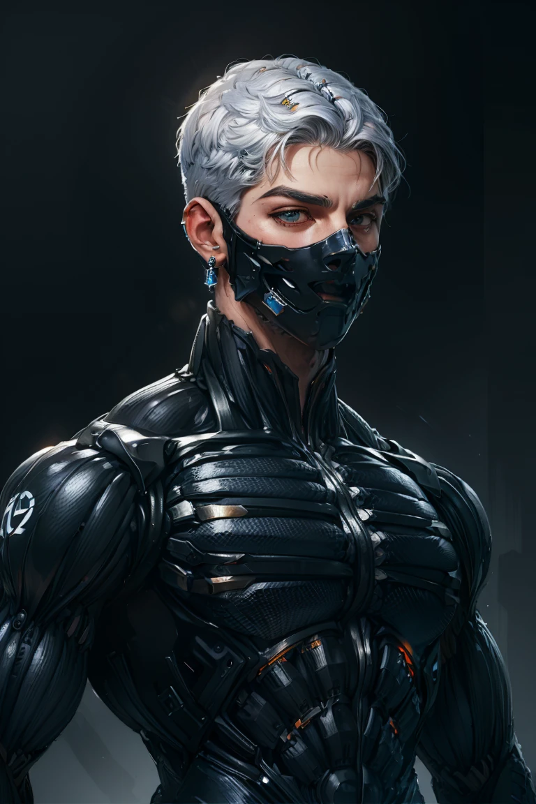 {Best Quality, 8k, Masterpiece}, (Realistic), [[Male]], [[White Hair]], ((Middle Part Haircut)), (Earrings), (Mask)