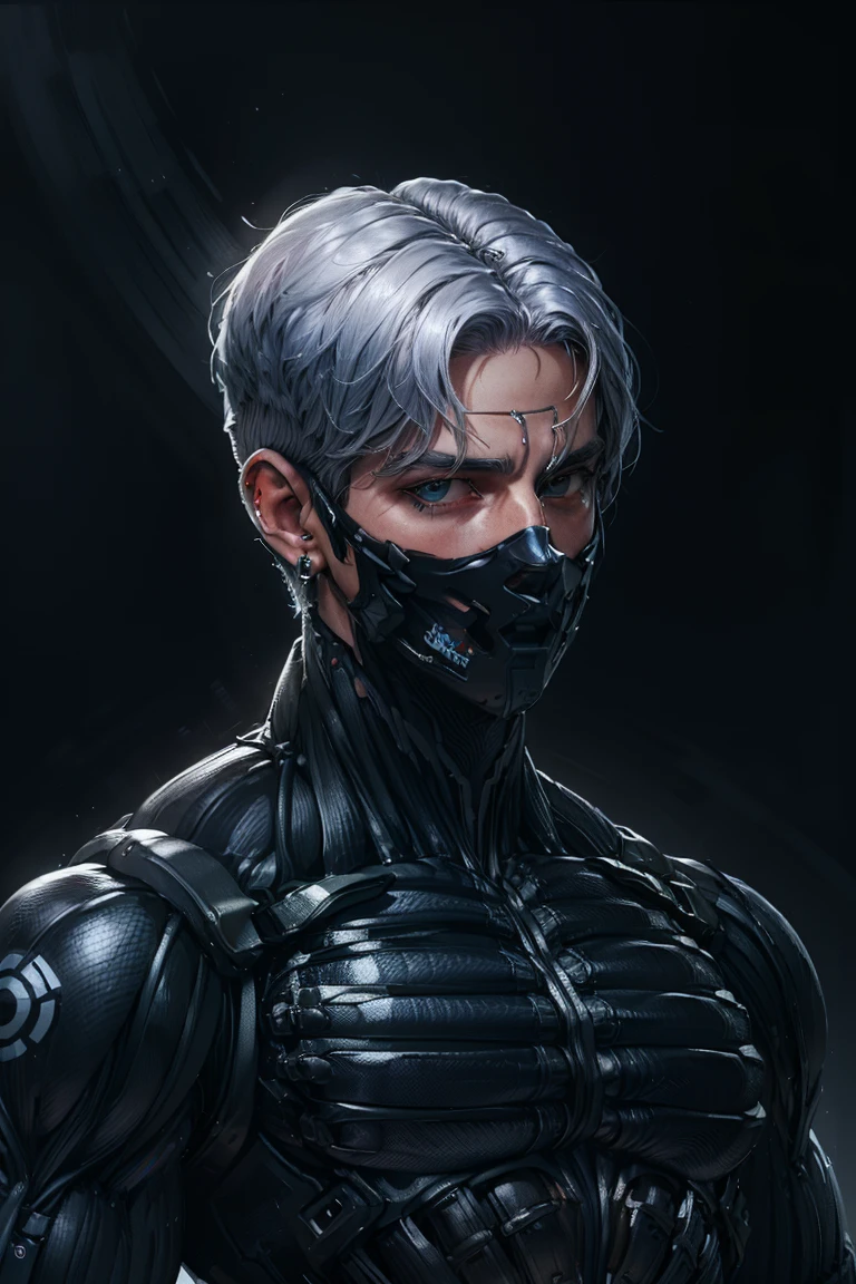 {Best Quality, 8k, Masterpiece}, (Realistic), [[Male]], [[White Hair]], ((Middle Part Haircut)), (Earrings), (Mask)