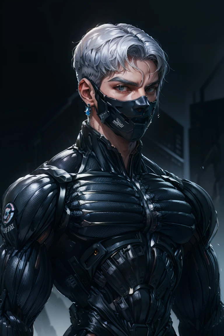 {Best Quality, 8k, Masterpiece}, (Realistic), [[Male]], [[White Hair]], ((Middle Part Haircut)), (Earrings), (Mask)