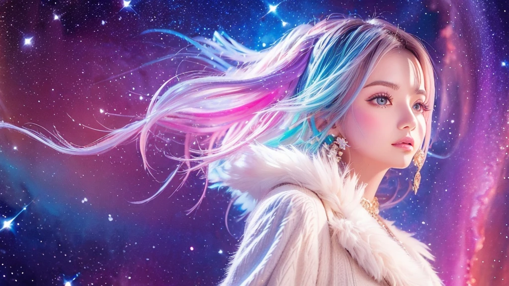 Portraiture (Strass) In space, Colors of the universe, Magnificent watercolor style, (Look to the side:1.1), Furry, (alone:1.1),