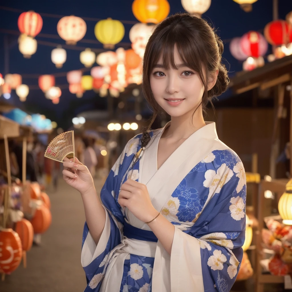 Draw a detailed and realistic portrait of a beautiful young Japanese woman。She has long light brown hair、The large, expressive light brown eyes are impressive.。
Summer Festival Night、Beautiful Japanese woman walking down a street lined with colorful lanterns。She wears a traditional yukata、The yukata has a white floral design on a blue background.、The collar is tightly crossed、The obi is tied in the traditional way。Her hair is tied up in a cool updo、hairpin(Hairpin)is inserted。In her hand she holds a fan with a cute goldfish design on it.、Smiling and looking around the festival stalls。In the background, fireworks are bursting into the summer night sky.、Flowers of light are blooming。。