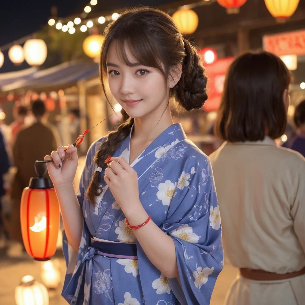 Draw a detailed and realistic portrait of a beautiful young Japanese woman。She has long light brown hair、The large, expressive light brown eyes are impressive.。
Summer Festival Night、Beautiful Japanese woman walking down a street lined with colorful lanterns。She wears a traditional yukata、The yukata has a white floral design on a blue background.、The collar is tightly crossed、The obi is tied in the traditional way。Her hair is tied up in a cool updo、hairpin(Hairpin)is inserted。In her hand she holds a fan with a cute goldfish design on it.、Smiling and looking around the festival stalls。In the background, fireworks are bursting into the summer night sky.、Flowers of light are blooming。。