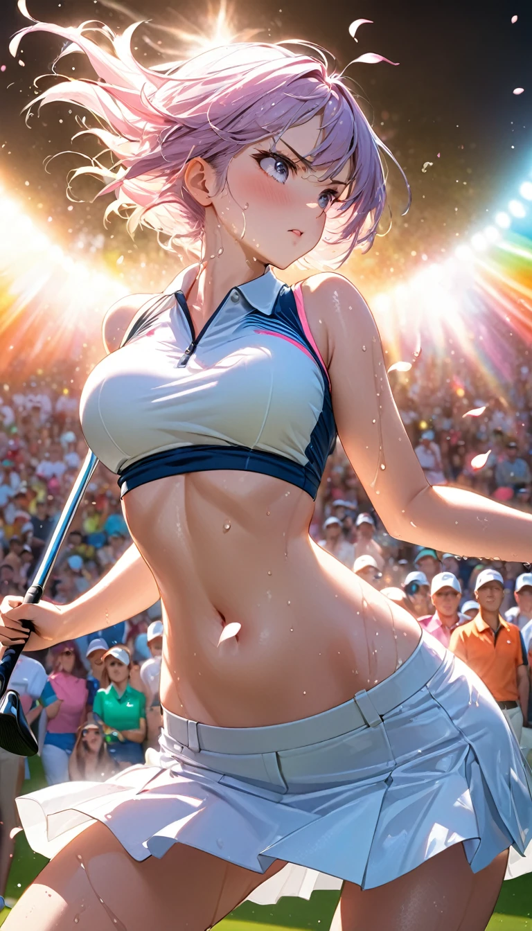 (Sports magazine cover photo), Highest quality, Great quality, 16K, Unbelievably absurd, Very detailed, delicate and dynamic, Natural light, The particles reflect light, Diffuse reflection of light, Many rainbow-colored petals fall, Beautiful field, Sparkling Sun, Diffuse reflection of light, Create amazing image effects, , Wet, sweating, golf, swinging long handled golf putter, Close-up(Cute sexy girl, big bouncing busts, Sensual expression, Cool girl, Serious, passion, Dynamic, Flashy golf wear, ,audience , much-air-laden cheer)