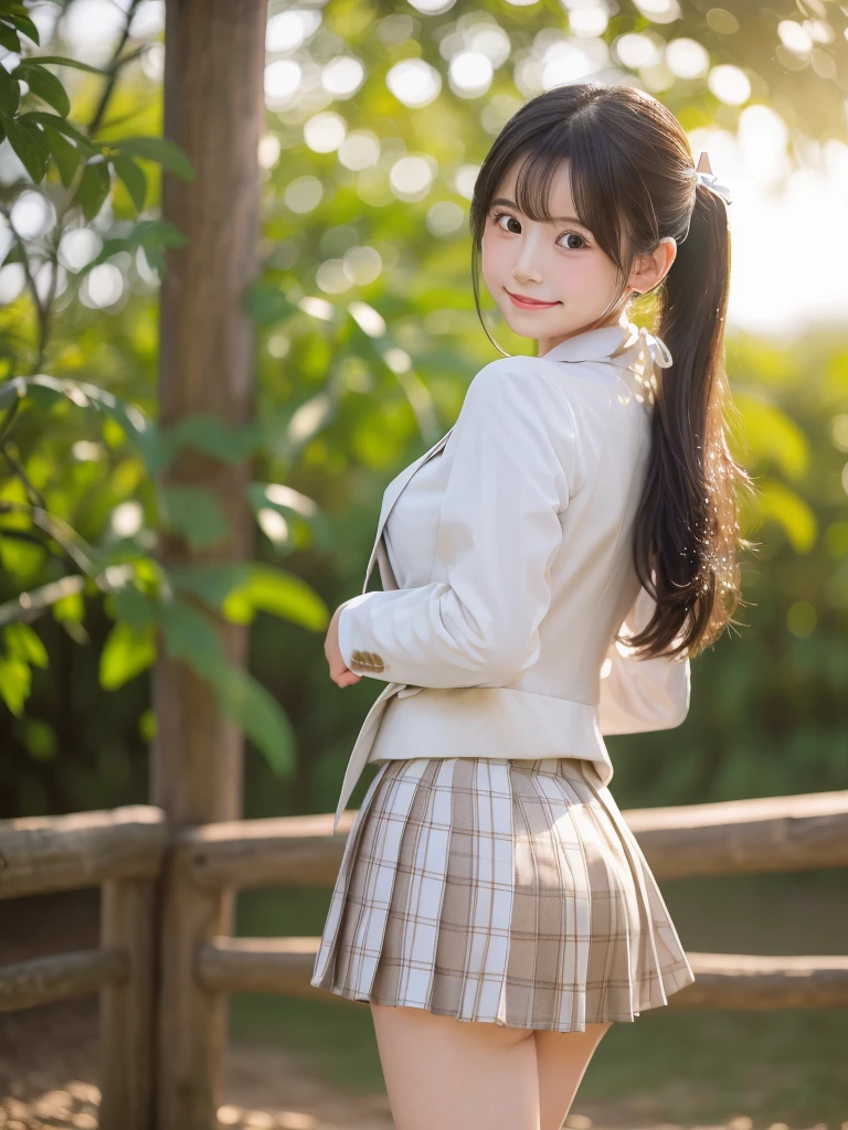 (((​masterpiece))),  (One beautiful Japan girl, classmates, Innocence，kawaii) ，超A high resolution, Realistic, ultra-detailliert, 8K,top-quality, Extremely detailed, Detailed background,A slender,very beautiful japanese girl, Detailed face:1.3), (short braid，A dark-haired :1.4), (a ，kawaii系,adorable 14 year oPerfect body:1.1),  (Brown blazer, Light brown pleated mini skirt), Provocative smile,Please show me your beautiful teeth,Super Detailed Face、Detailed lips、A detailed eye、small gravure idol，Transparent skin、Lori，Japanese high school uniform with the school emblem on the chest、sexy  pose，Focus on the buttocks，Looking Back，In the classroom，White lace panties visible