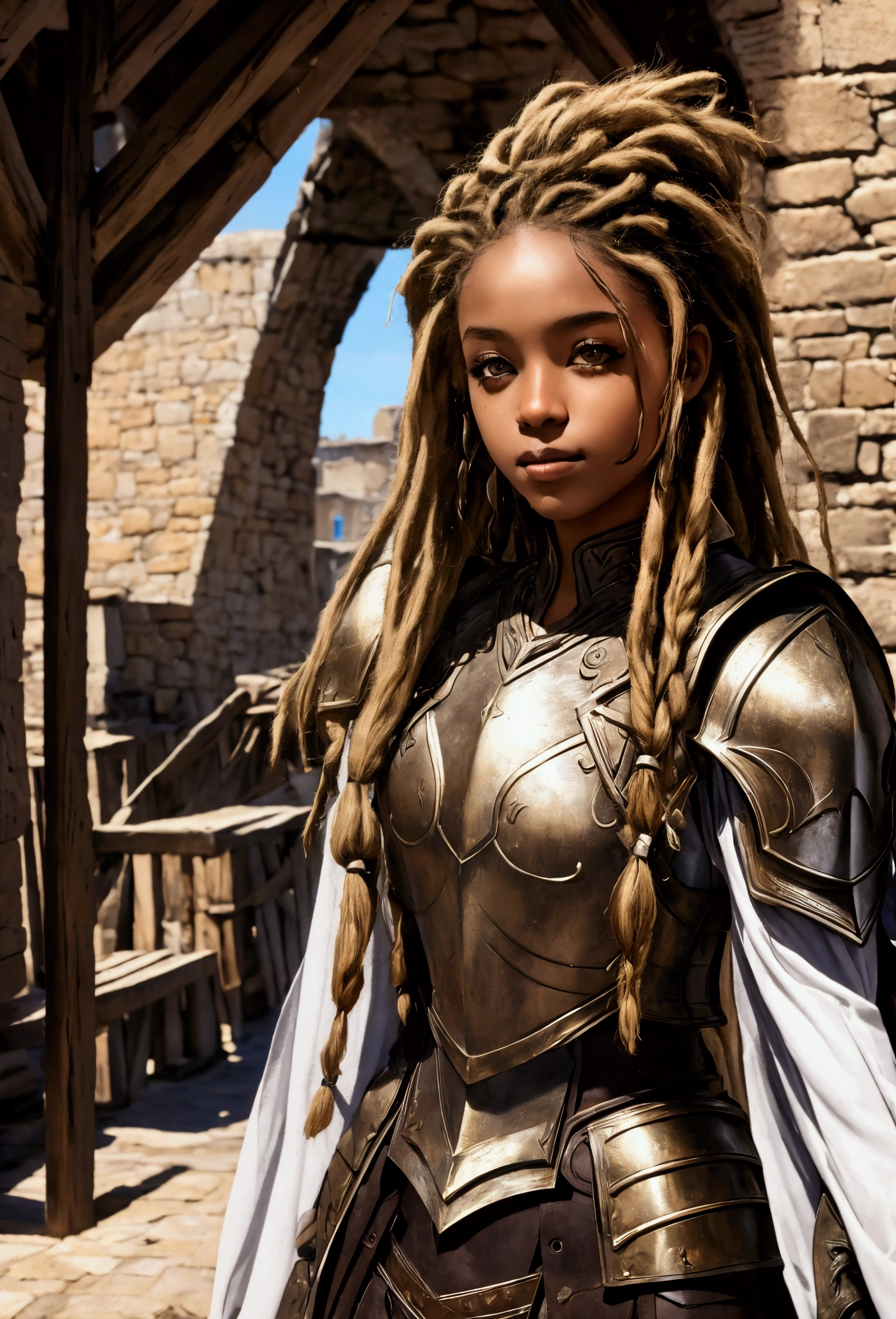 18 year old brown female、Beauty、Blonde、Blonde、Warrior in armor、Completely naked、Dreadlocks、background　Medieval port town、High quality p、Upper Body