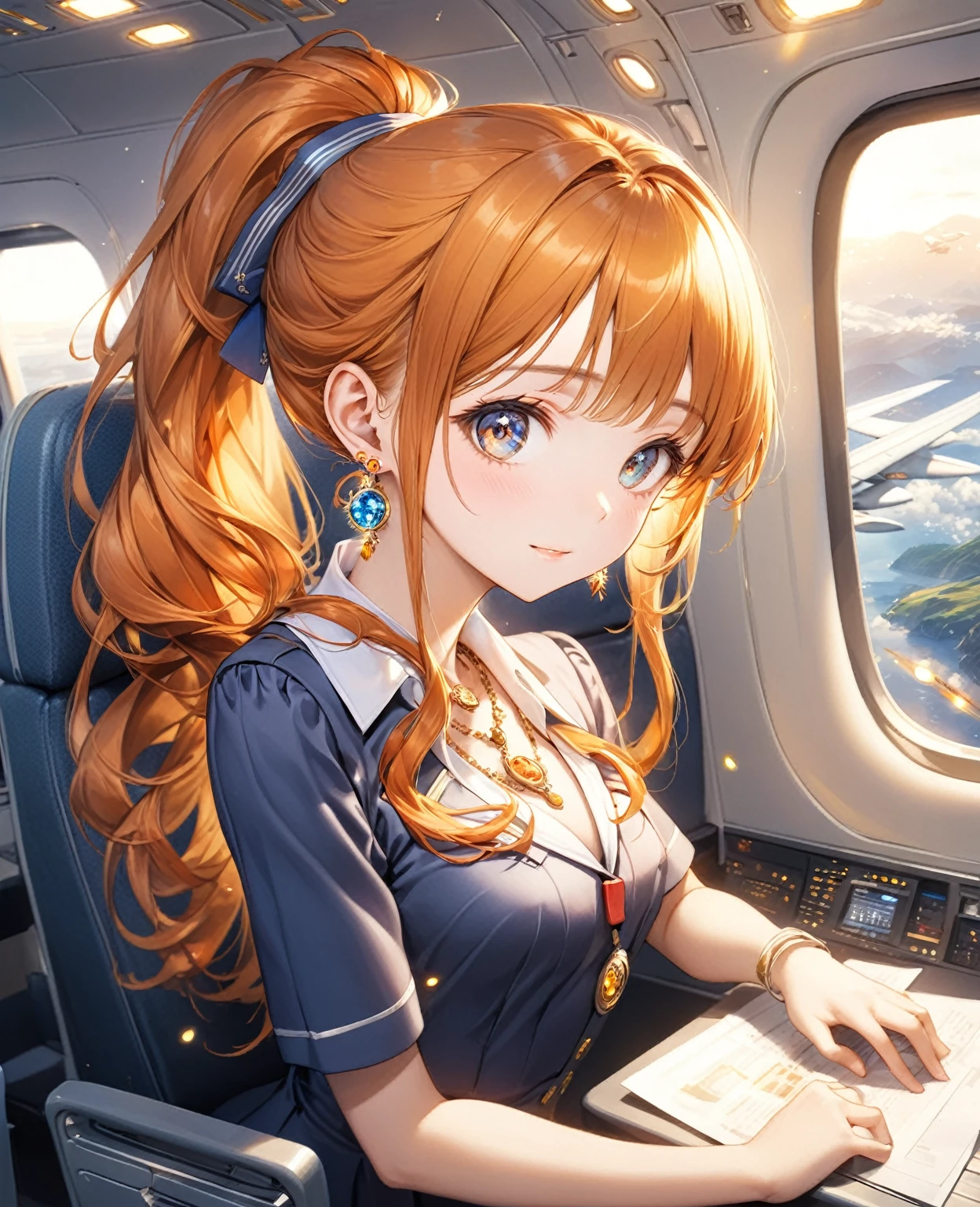(Highest quality,8k,32K,masterpiece,Ultra-high resolution :1.2 ),born,One girl,Super cute,Natural light,Clear, shining eyes,20-year-old,Fair skin,Fantasy background of the electronic world inside the plane,The noble earrings are shining,The noble necklace shines,Orange Hair,Long Hair,ponytail,Cabin attendant,stewardess