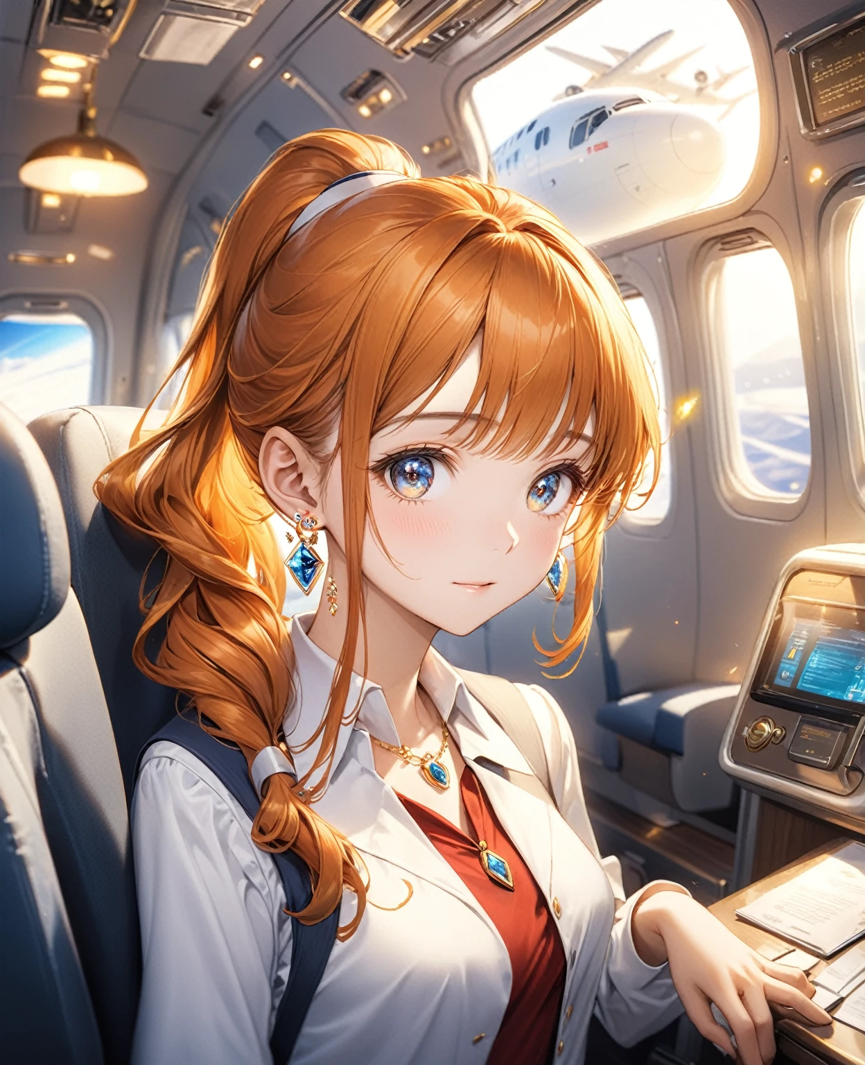 (Highest quality,8k,32K,masterpiece,Ultra-high resolution :1.2 ),born,One girl,Super cute,Natural light,Clear, shining eyes,20-year-old,Fair skin,Fantasy background of the electronic world inside the plane,The noble earrings are shining,The noble necklace shines,Orange Hair,Long Hair,ponytail,Cabin attendant,stewardess