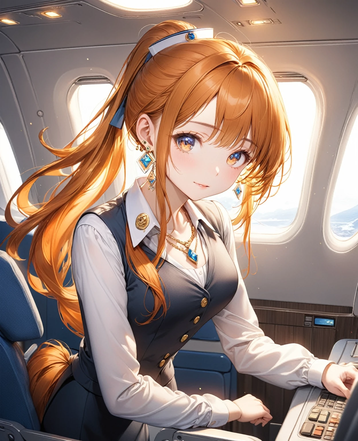 (Highest quality,8k,32K,masterpiece,Ultra-high resolution :1.2 ),born,One girl,Super cute,Natural light,Clear, shining eyes,20-year-old,Fair skin,Fantasy background of the electronic world inside the plane,The noble earrings are shining,The noble necklace shines,Orange Hair,Long Hair,ponytail,Cabin attendant,stewardess