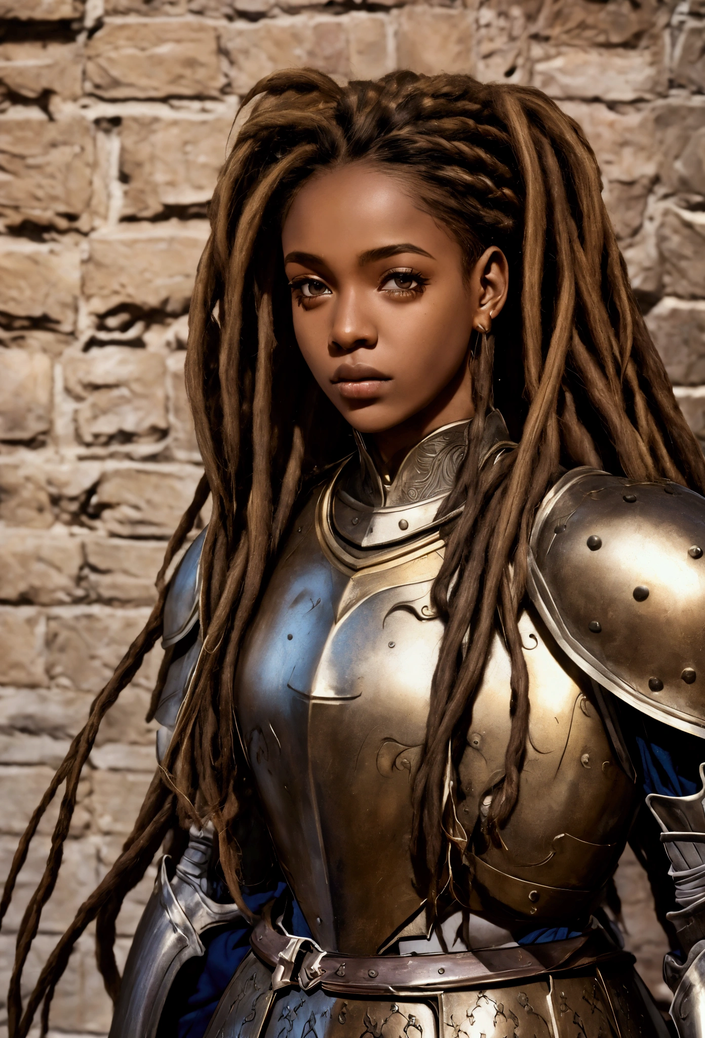 18 year old brown female、Beauty、Blonde、Blonde、Warrior in armor、Completely naked、Dreadlocks、background Medieval port town、High quality p、Upper Body