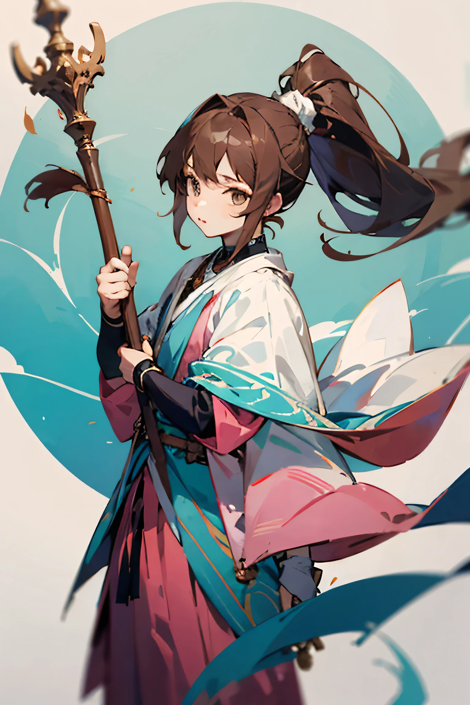 ((melhor qualidade)), ((obra de arte)), (detalhado), Male, brown hair, pink eyes, Cyan clothes, holding white Nature staff, long hair, ponytail