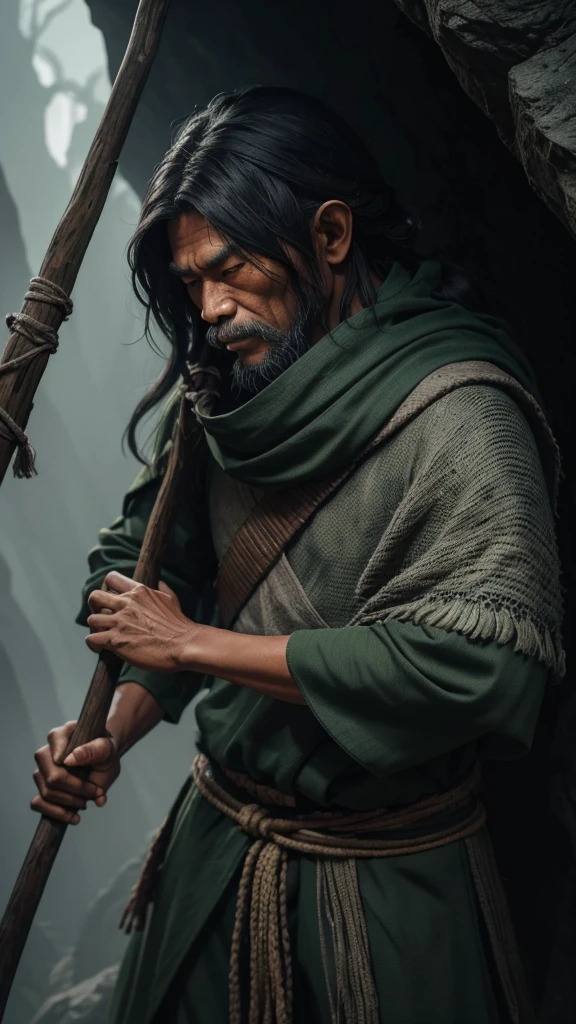 A blind Indonesian warrior with long, flowing hair Covers his eyes with a shaggy dark green cloth tied Wears worn clothes with the texture of dragon scales Holding a wooden stick Standing in front of the mouth of the cave A monkey on his shoulder Dark fog covers the cave&#39;s surroundings Cinematic lighting 4D ultra detail Superhyper high quality Highlights The camera is far away so you can see the whole body