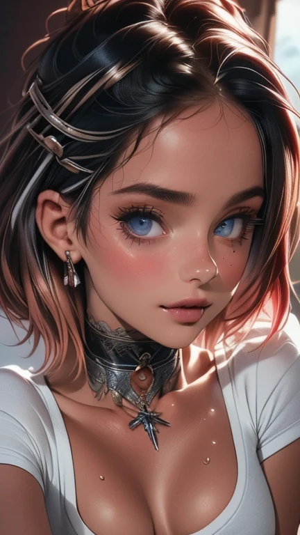 (Best Quality, 8k, 32K, masterpiece, HD:1.2), High resolution, sharp focus, Detailed costume, absurdities, Clave visual,++++, Beautiful detailed hair, delicate details, *****, (((close up, portrait, raw, pixiv)))
short hair, looking at the viewer, inside, blush, blue eyes, medium breasts, choker, half closed eyes, hair between the eyes, Extender, crop top overhang, Hair clip, short sleeves, shirt, not good, under the chest, extension, belly button, Wet, white shirt, in bed on all fours, doggy position showing her butt, cheered up