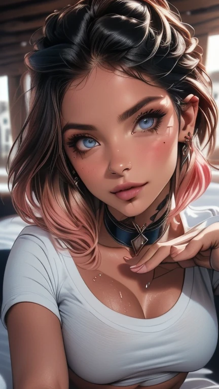 (Best Quality, 8k, 32K, masterpiece, HD:1.2), High resolution, sharp focus, Detailed costume, absurdities, Clave visual,++++, Beautiful detailed hair, delicate details, *****, (((close up, portrait, raw, pixiv)))
short hair, looking at the viewer, inside, blush, blue eyes, medium breasts, choker, half closed eyes, hair between the eyes, Extender, crop top overhang, Hair clip, short sleeves, shirt, not good, under the chest, extension, belly button, Wet, white shirt, in bed on all fours, doggy position showing her butt, cheered up