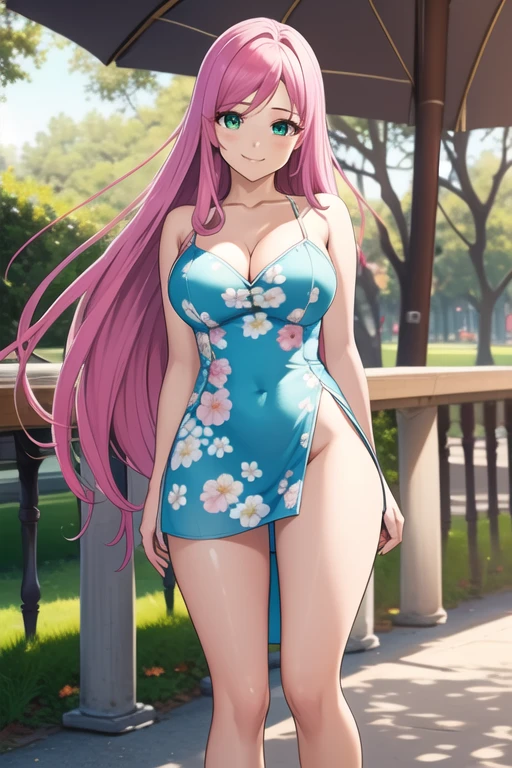 1 girl, 19 years old, Long pink hair, green eyes with slit pupils, master-piece, best quality, (standing up), (short dress), (floral, spaghetti strap, short blue summer light blue dress), (Big , ultra gigantic , Super super big, Glamorous body), Make eye contact with the camera, front figure, looking forward, (light_Smile:1.5), (Detailed hands and fingers:1.2) (In the sunny park), (FULL BODYSHOT), thighs thighs thighs thighs、beauty legs、Bare legs