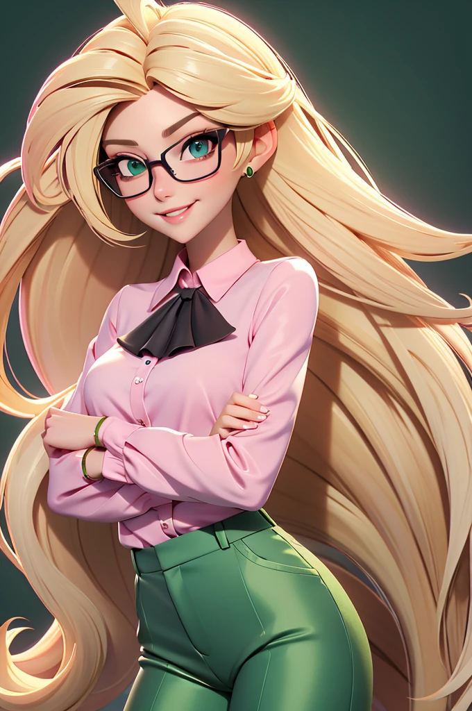 Create a character of a stunning woman. blond, fine and long hair, white skin tone, eyes black, Square-shaped prescription glasses, thin lips, smiling, Wearing a pink blouse and green pants.
