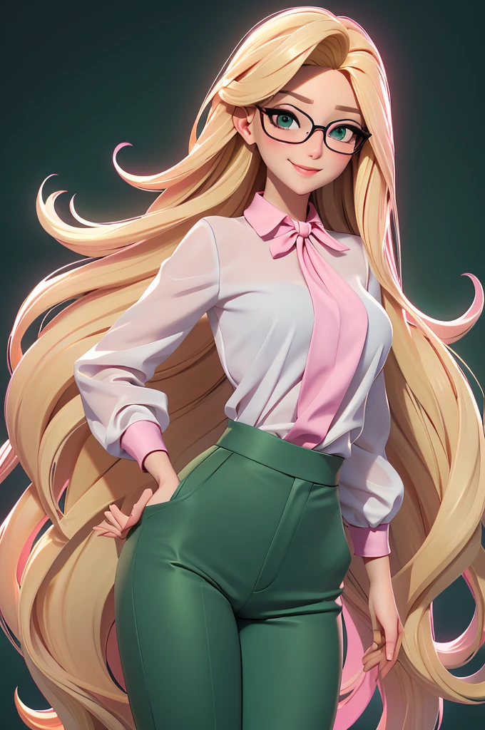 Create a character of a stunning woman. blond, fine and long hair, white skin tone, eyes black, Square-shaped prescription glasses, thin lips, smiling, Wearing a pink blouse and green pants.