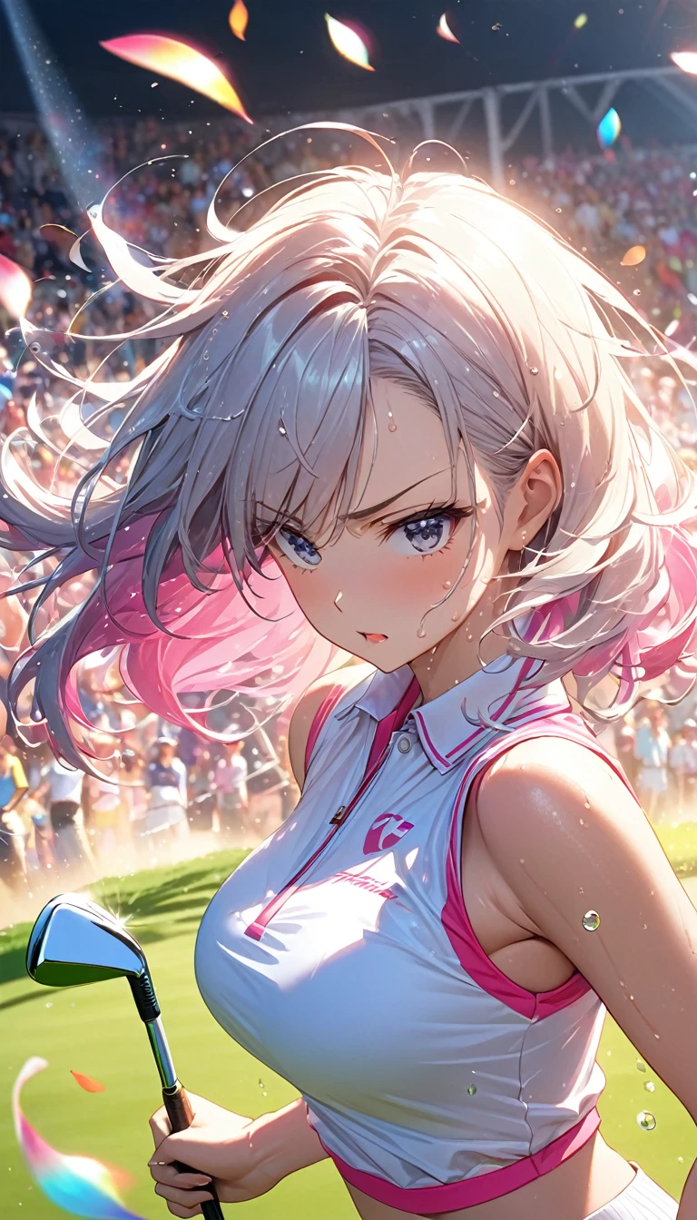 (Sports magazine cover photo), Highest quality, Great quality, 16K, Unbelievably absurd, Very detailed, delicate and dynamic, Natural light, The particles reflect light, Diffuse reflection of light, Many rainbow-colored petals fall, Beautiful field, Sparkling Sun, Diffuse reflection of light, Create amazing image effects, , Wet, sweating, golf, swinging golf putter, Close-up(Cute sexy girl, big bouncing busts, Sensual expression, Cool girl, Serious, passion, Dynamic, Flashy golf wear, ,audience , much-air-laden cheer)