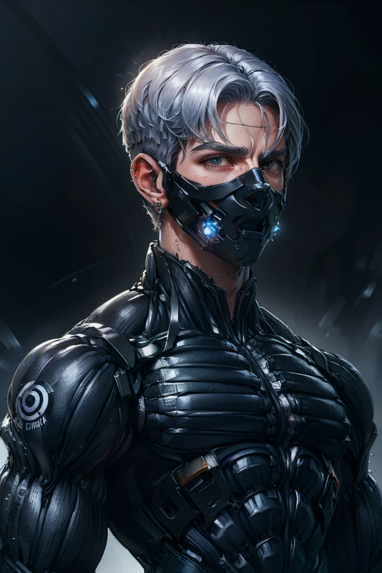 {Best Quality, 8k, Masterpiece}, (Realistic), [[Male]], [[White Hair]], ((Middle Part Haircut)), (Earrings), (Mask)