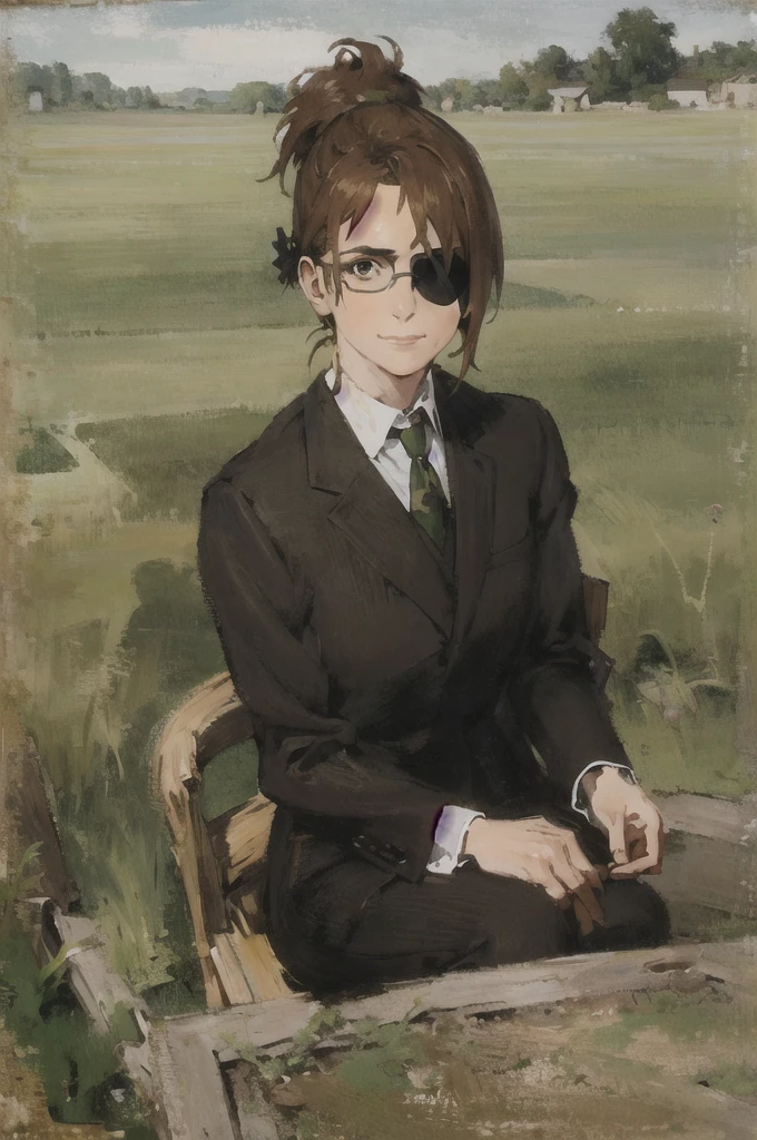 portrait of beautiful HangeAOT, 1girl, solo, brown_hair, glasses, eyepatch, Perfect black silk suit , Masterpiece ,Background of a realistic perfect green field, realistic hands , Detailed realistic painting, hd, Detailed extensive green garden, Brown detailed suit