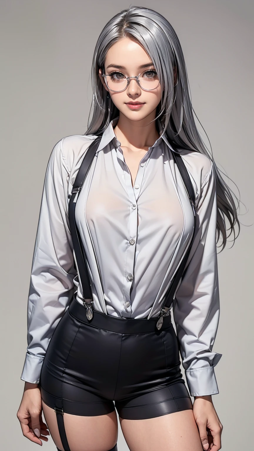 Realistic, masterpiece, Highest quality, Highest Resolution, Anatomically correct, Accurate Anatomy, (Gray blank background:1.3), (1girl:1.3), 20-year-old, Height: 165cm, Shot from thigh up, (Thick thighs:1.2), (Long Hair, Straight Hair, Silver Hair:1.3), (Squint your eyes, Sharp Eyes, (Iris:1.2)), (Hidden eyelid wrinkles:1.2), Thin eyebrows, Draw eyelashes carefully, Natural Makeup, Pull your chin, Show some teeth, Grin, Slightly to the side, (Wear a suit over a shirt, suspenders, Thin silver-rimmed glasses:1.3), (Pose a random model:1.2)