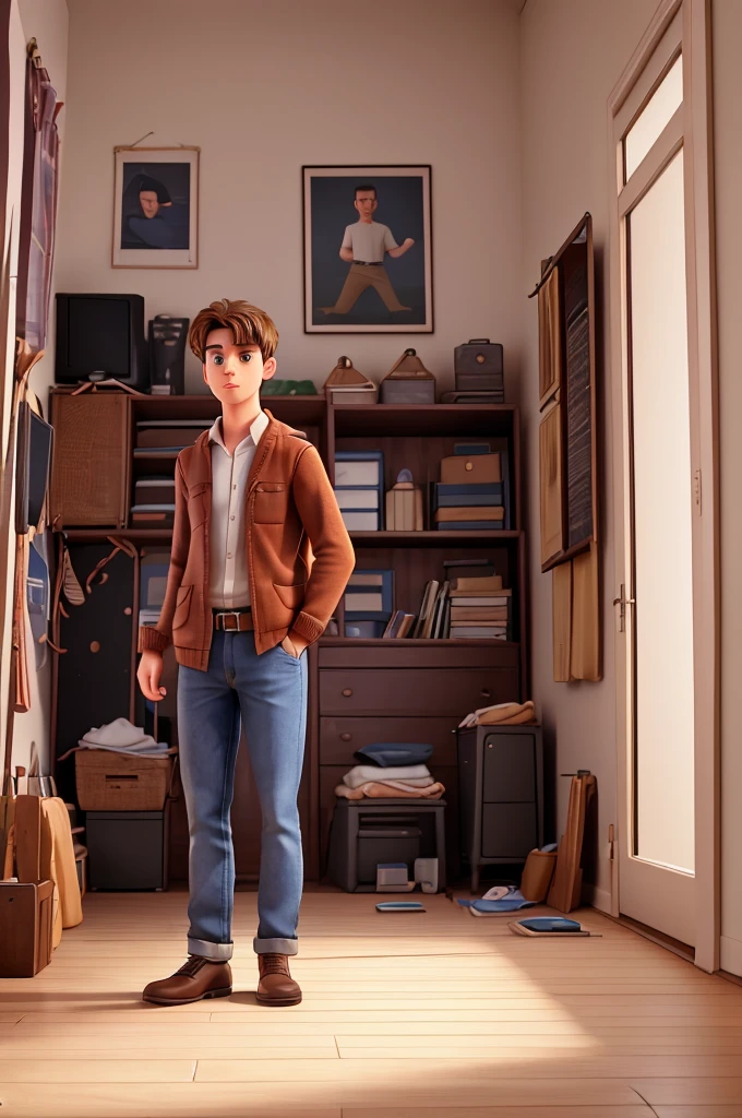 Create a realistic image of a room measuring 1920X780 pixels of a 23 year old young man with many technological elements and laptops.