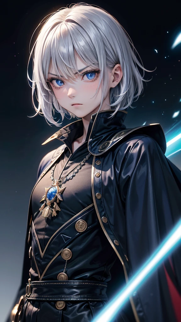 (Highest quality,Very detailed,High resolution:1.2),One adult male,Silver Hair,The most beautiful young man in human history,(1 photo from the front),Dark blue eyes (Dark blue eyes:1.1),さみし気なaura(aura:1.1),(mysterious,Ghostly:1.1) atmosphere,Looks like half a demon,(Demonic traits,Demonic traits),(Elaborate,wonderful) ,Strong Body、Shortcuts、Use magic、auraが漂う、Cape、Stocky physique、Confident expression、Very short hair、The bangs are swept to the side、Permed hair、Sharp eyes、Angry expression、Has a glowing blue fireball、Emits a flash of light from the body、Are standing、((Very angry))