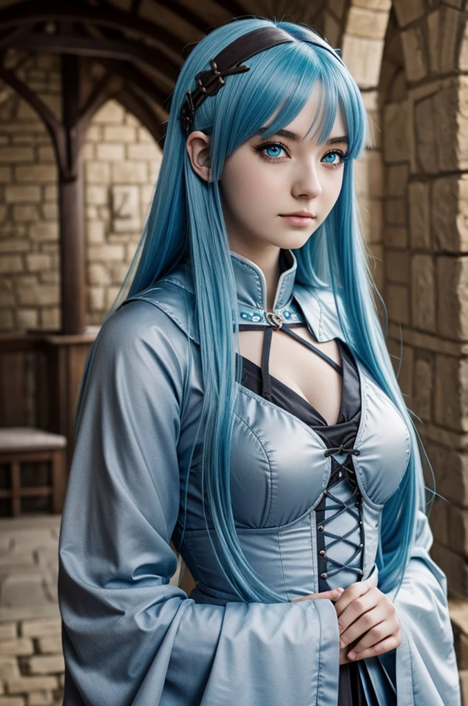 An anime girl with pale blue hair and grey eyes and medieval clothing