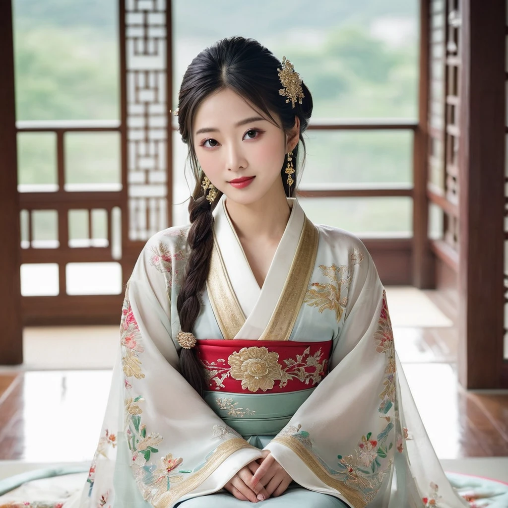 ((Highest quality)), ((masterpiece)), (detailed), (Perfect Face)、The woman is the beautiful Japanese woman, Satomi Ishihara, with large breasts and excellent proportions. She has her medium-long hair tied up and is wearing a luxurious wedding Hanfu with gold embroidery and trim, gorgeous accessories, and an engagement ring.、The woman is in a luxurious Chinese palace, embracing and kissing a great and dignified middle-aged Chinese man, making love and getting married.
