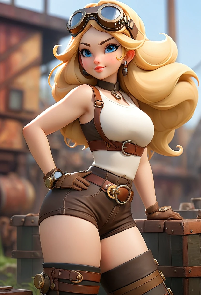 girl, young, beautiful face, cute face, smiling, fair skin, blonde hair, blue eyes, steampunk, explorer, colossal breasts, overly sagging breasts, huge breasts, covered breasts, thick thighs, very thick thighs, wide hips, round butt, shorts, brown shorts, shorts, between butt cheeks, undersized clothes, cropped top, tight top, exposed belly, full body, standing, leather top, inner side-boob, tight shorts, skindentation, fat ass, steampunk goggles on forehead, shorts stuffed in butt-cheeks, sleeveless top, side-view, showing butt, visible butt, wedgie shorts, aréola slip