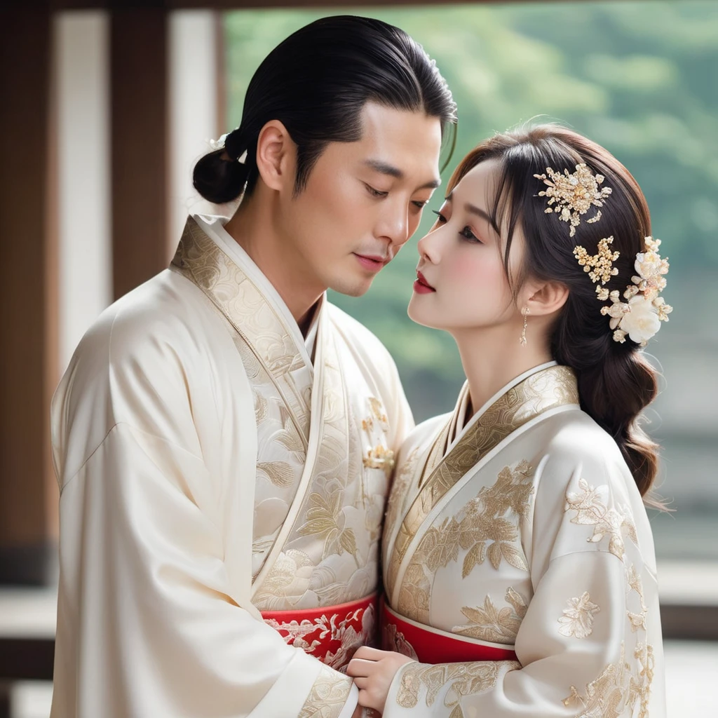 ((Highest quality)), ((masterpiece)), (detailed), （Perfect Face）、The woman is the beautiful Japanese woman, Satomi Ishihara, with large breasts and excellent proportions. She has her medium-long hair tied up and is wearing a luxurious wedding Hanfu with gold embroidery and trim, gorgeous accessories, and an engagement ring.、The woman and the great and dignified Chinese man embrace each other, kiss each other, fall in love, and hold a wedding ceremony in a luxurious palace in China.