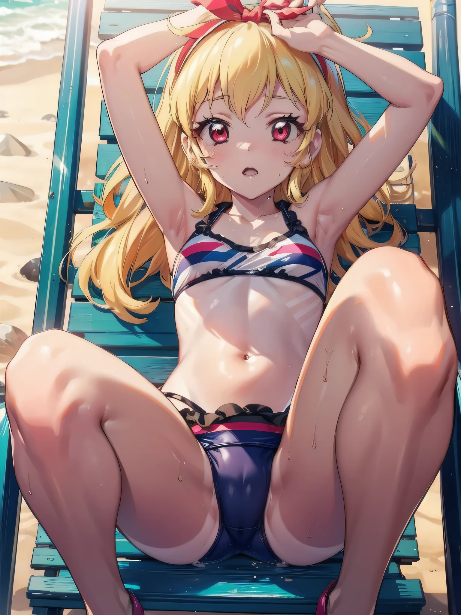 a GIRL in a white tank top on a beach chair with sunglasses on, 1girl, swimsuit, , tan, tanlines, solo, blush, micro , , navel, lying, on back, one-piece tan, arm up, blonde hair, armpits, , sweat, red eyes, looking at viewer, closed mouth,Ichigo Hoshimiya (Aikatsu!),sitting, squating, looking down, look at the  viewer, from below