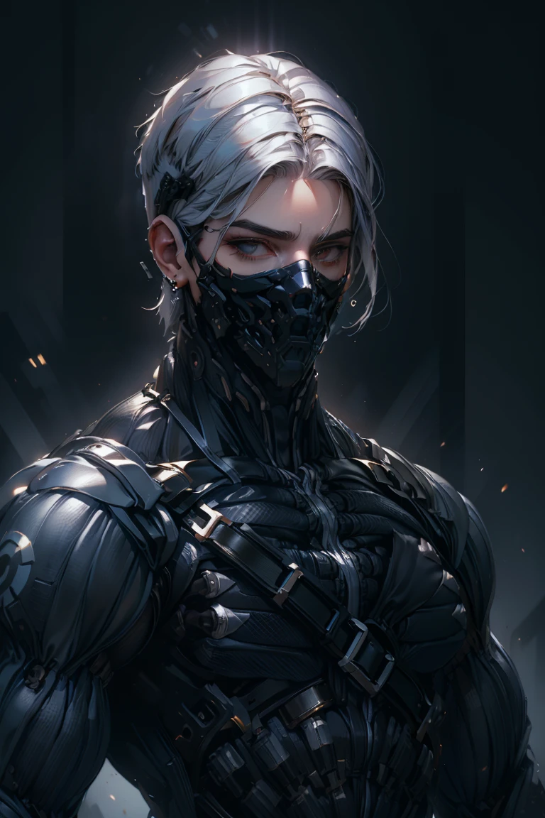 {Best Quality, 8k, Masterpiece}, (Realistic), [[Male]], [[White Hair]], ((Middle Part Haircut)), (Earrings), (Mask)