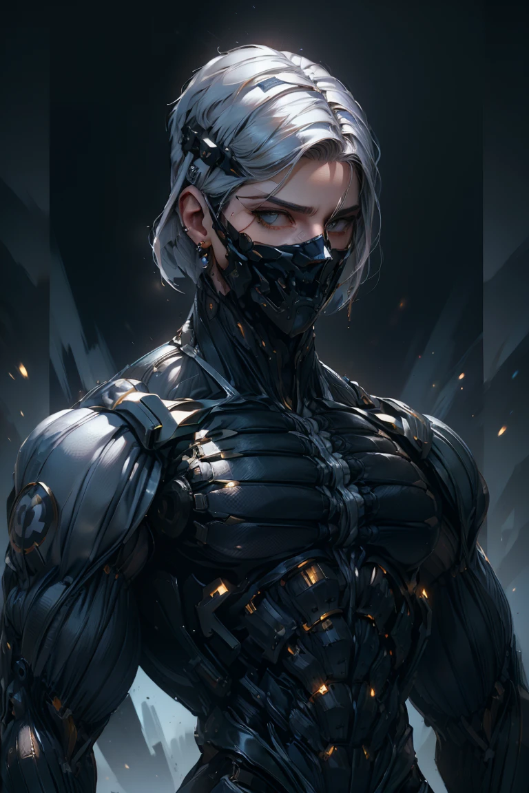 {Best Quality, 8k, Masterpiece}, (Realistic), [[Male]], [[White Hair]], ((Middle Part Haircut)), (Earrings), (Mask)